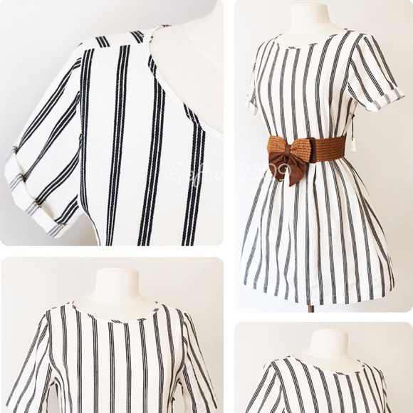 Cream Navy Blue Vertical Stripe Linen Cotton Dress - Picture 4 of 8